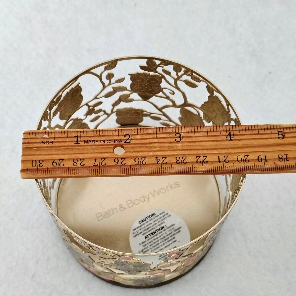Bath & Body Works Sleeping Owl Gold Metal 3 Wick Candle Holder Leaves Fall Color - Picture 6 of 8